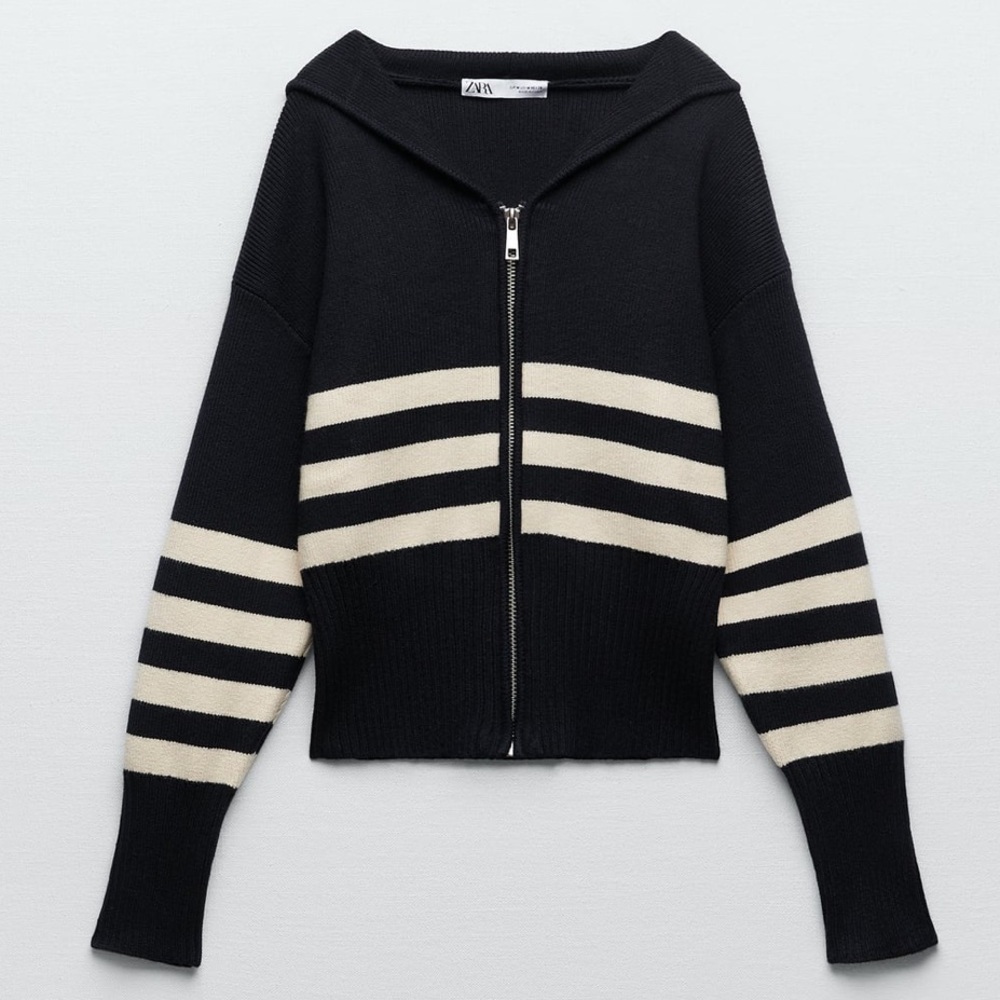 Zara Striped Knit Cardigan in Navy